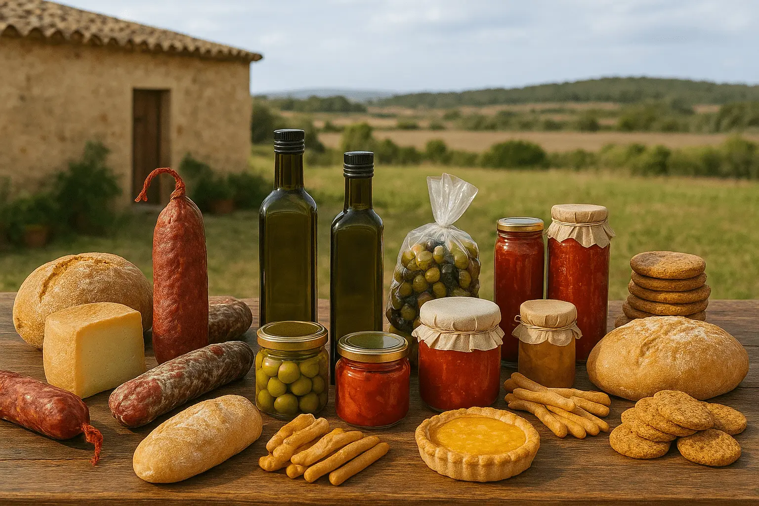 Productos de MallorcaGourmet junto a una finca tradicional de Mallorca